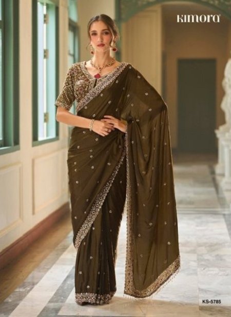Olive Green Colour Iconic Vol 5 By Kimora Fancy Fabric Designer Beads Work Saree Ks 5785